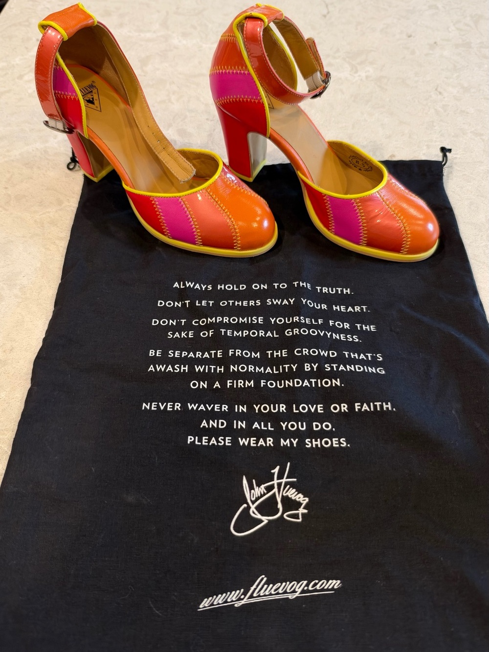 John Fluevog Orange, Pink & Yellow Colorblock Ankle-Strap Heels
